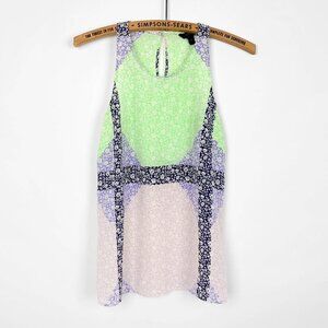 J. Crew Womens XS Floral Abstract Colour Block Halter Neck Blouse Neon 0